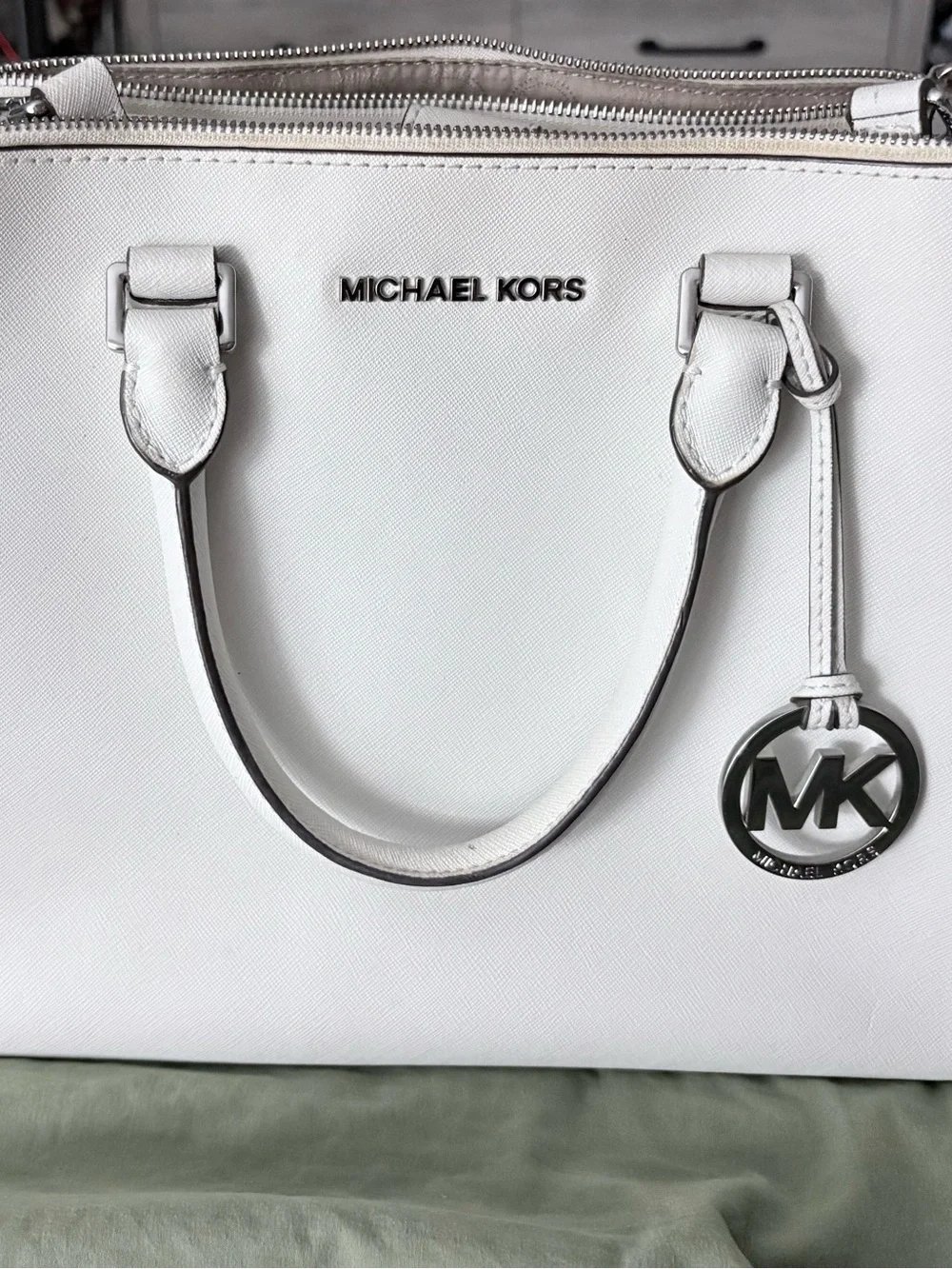 Michael Kors White Saffiano Satchel with MK Charm